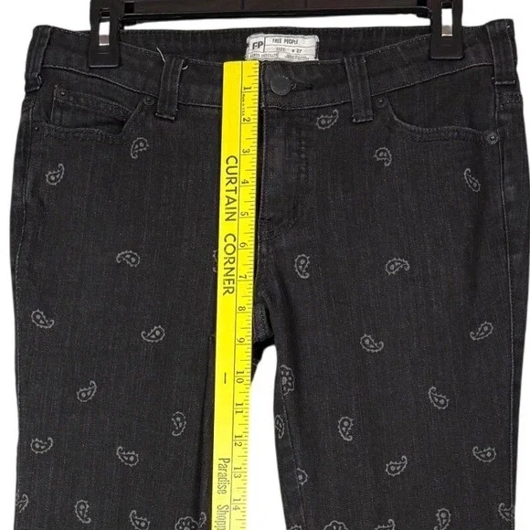 FREE PEOPLE Denim Super Flare Bandana Jeans, Black, Distressed Hem, Size 27 - Picture 6 of 10